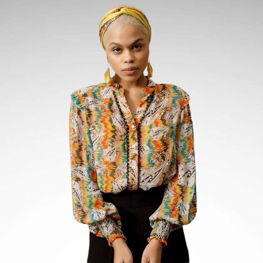 NWT Emily Lovelock Paisley Sheer Buttonfront Blouse